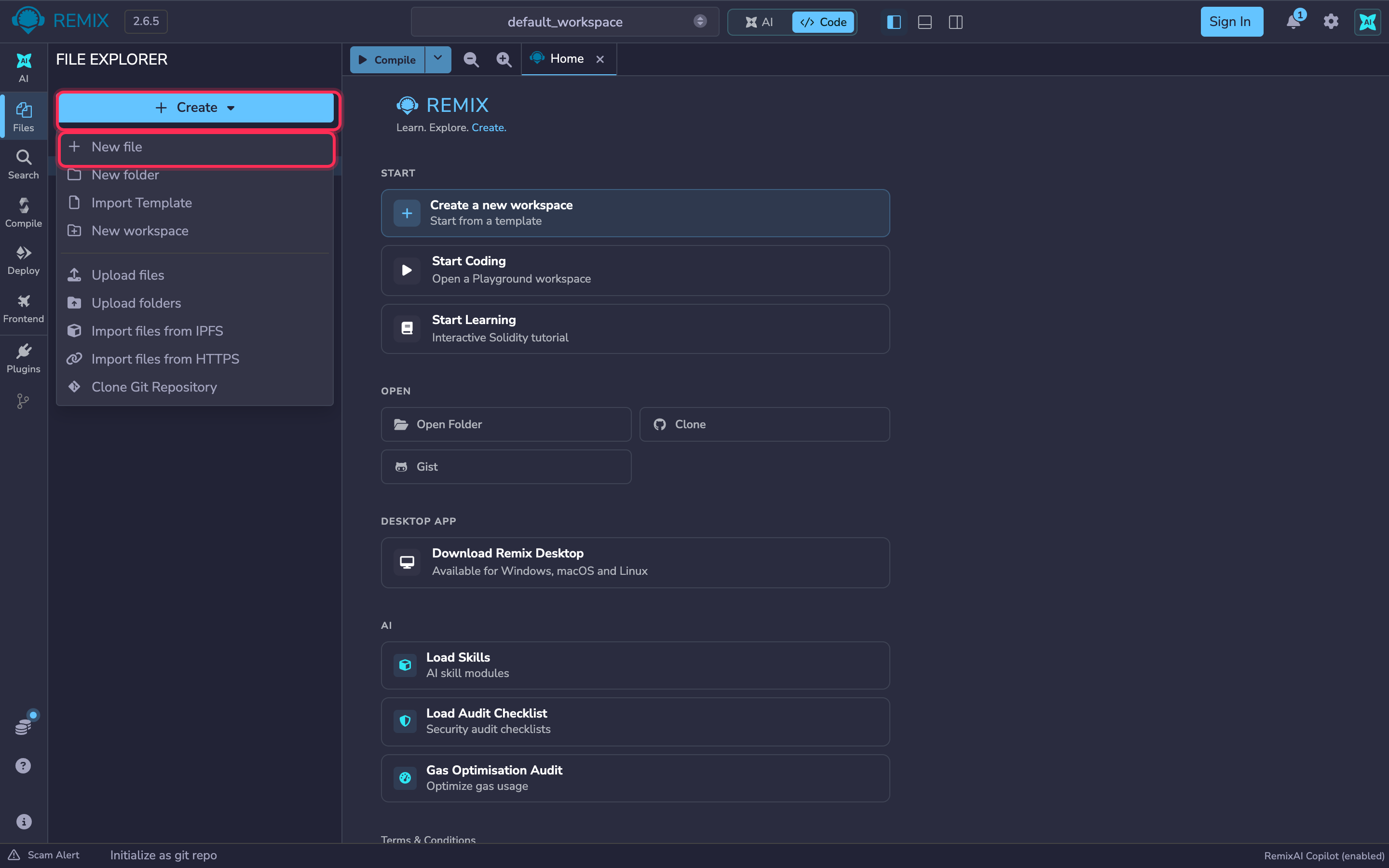 Remix File Explorer with Create and New file highlighted