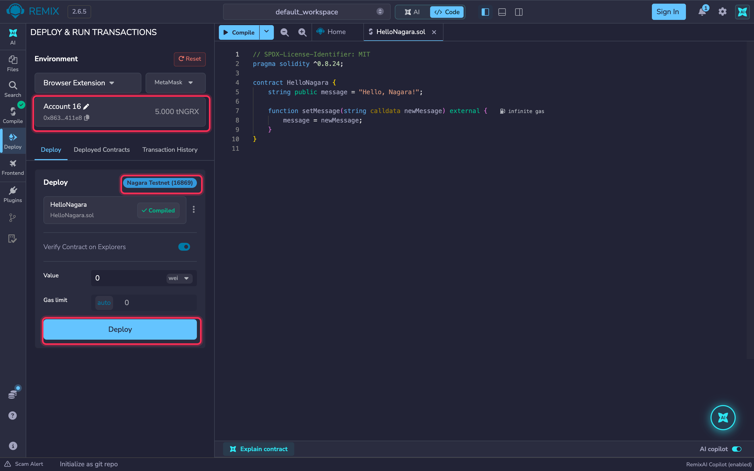 Remix connected to Nagara Testnet with account, balance and Deploy button highlighted