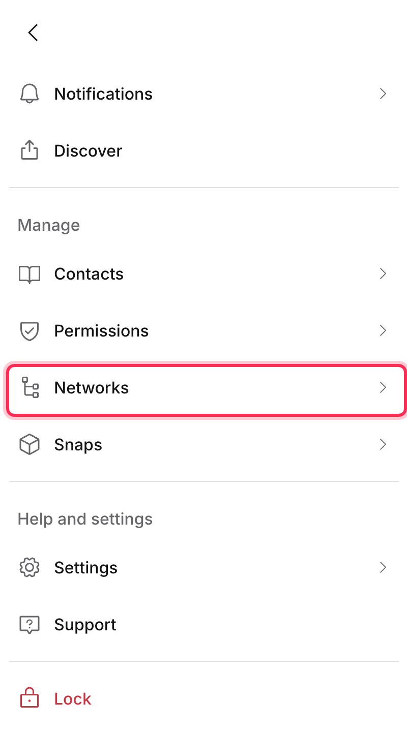 MetaMask menu with Networks highlighted