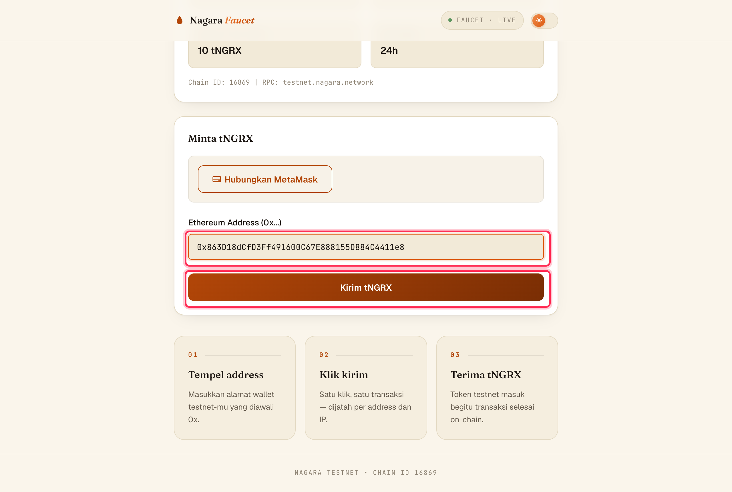 Nagara faucet with an address entered and the send button highlighted