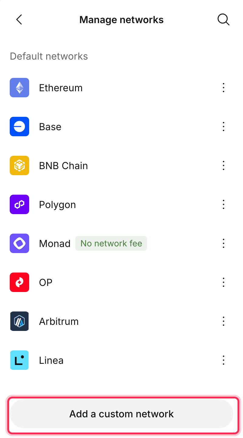 Manage networks screen with Add a custom network highlighted