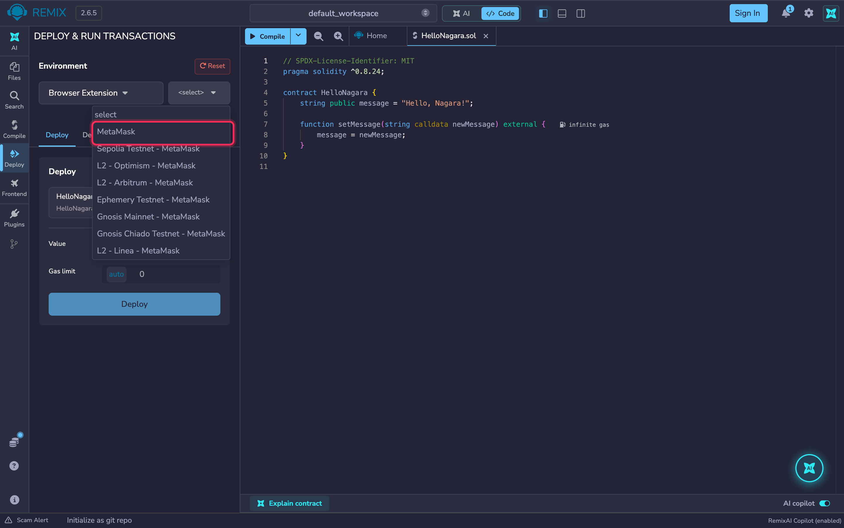 Wallet dropdown with MetaMask highlighted