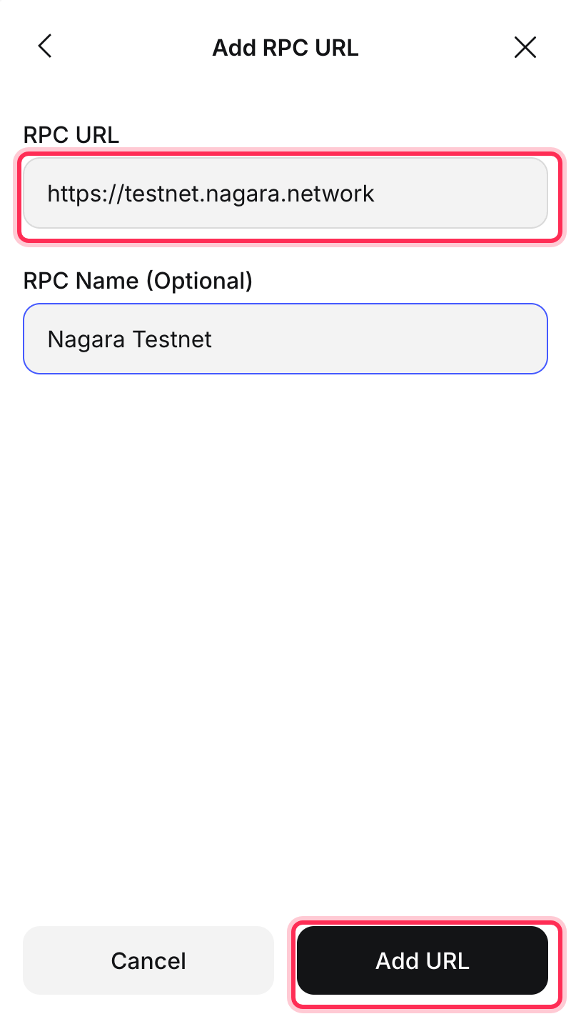 Add RPC URL screen filled with the Nagara Testnet RPC