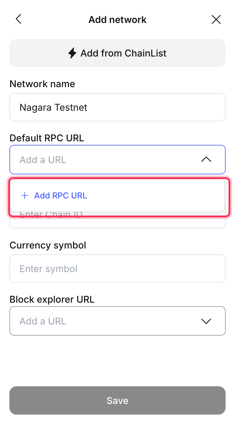 Default RPC URL dropdown with Add RPC URL highlighted