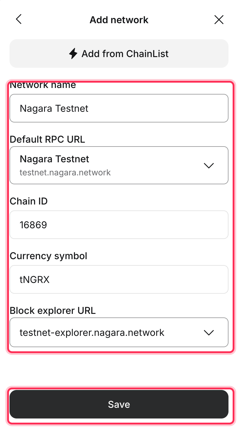 Completed Add network form for Nagara Testnet