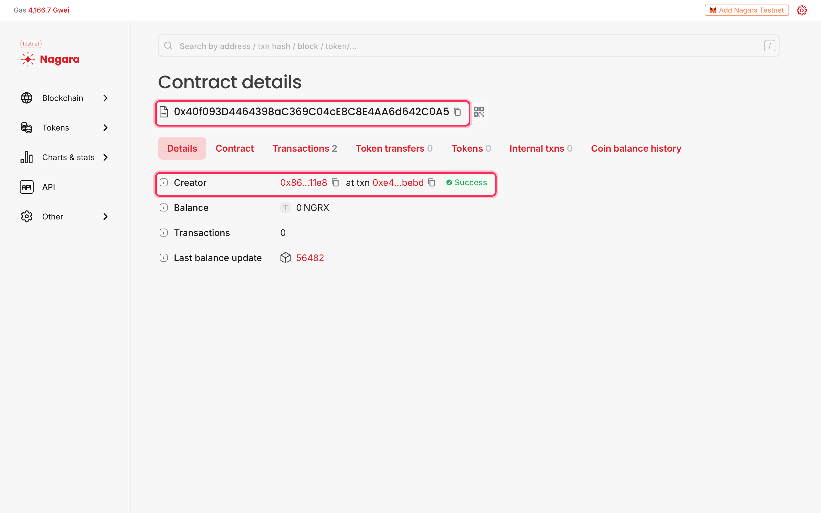 Contract details on the Nagara testnet explorer