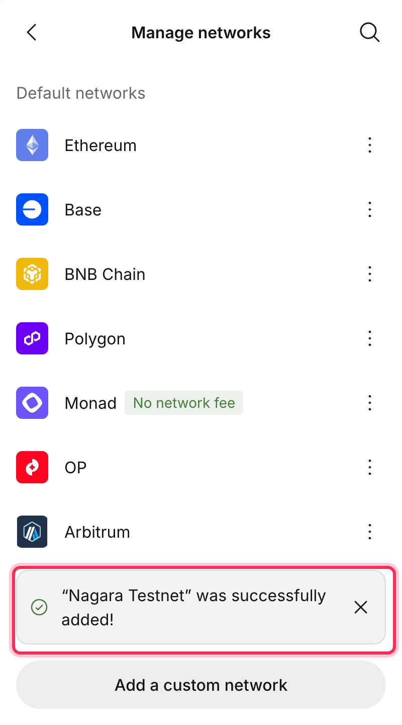 Nagara Testnet was successfully added