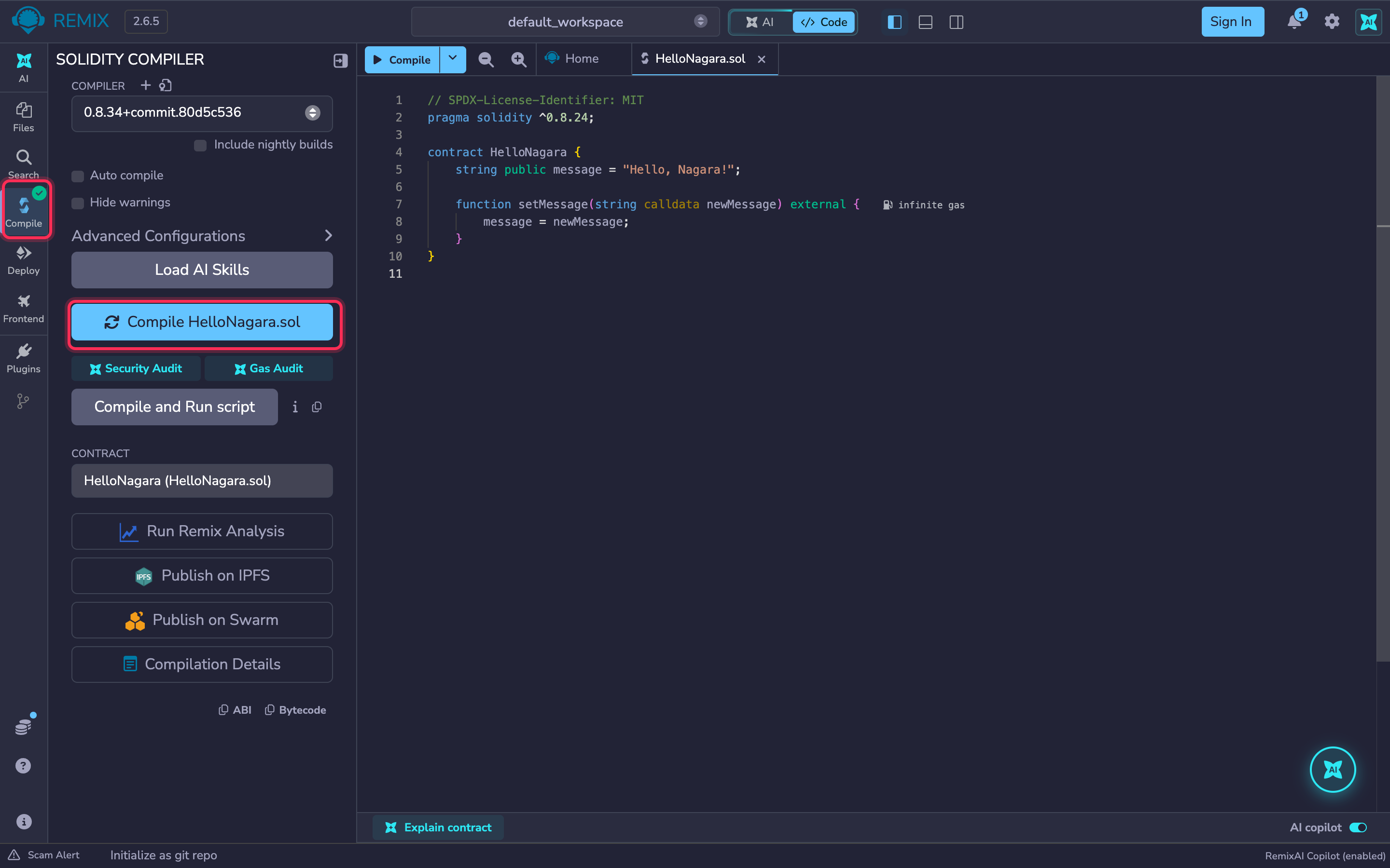 Remix Solidity compiler with the compile button and success check highlighted