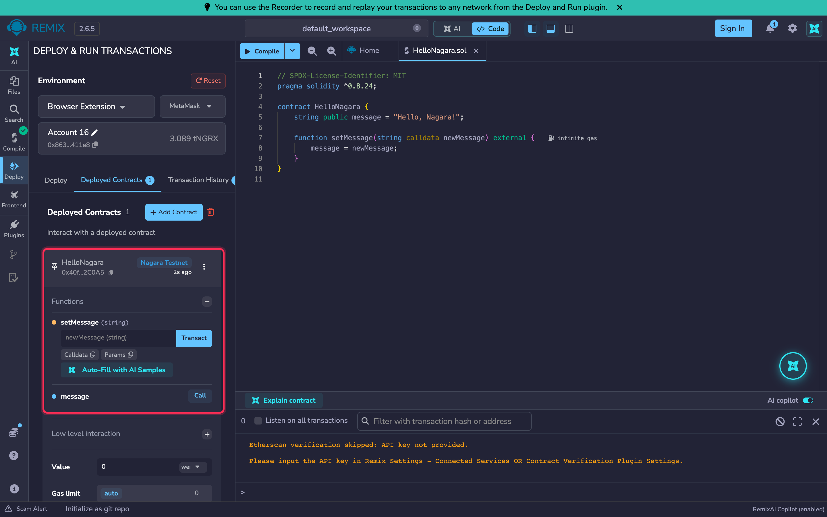 HelloNagara listed under Deployed Contracts on Nagara Testnet